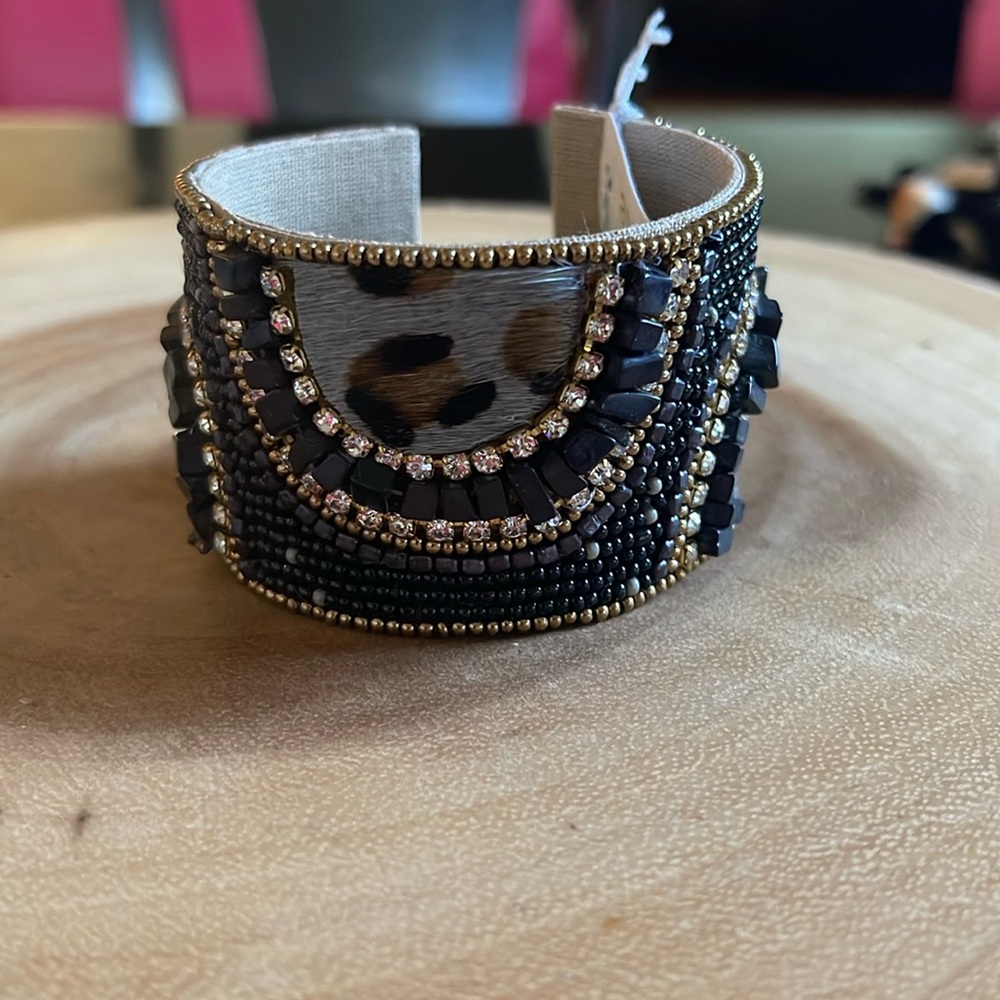 NWT black Beaded rhinestone cheetah print faux fur cuff bracelet by avec